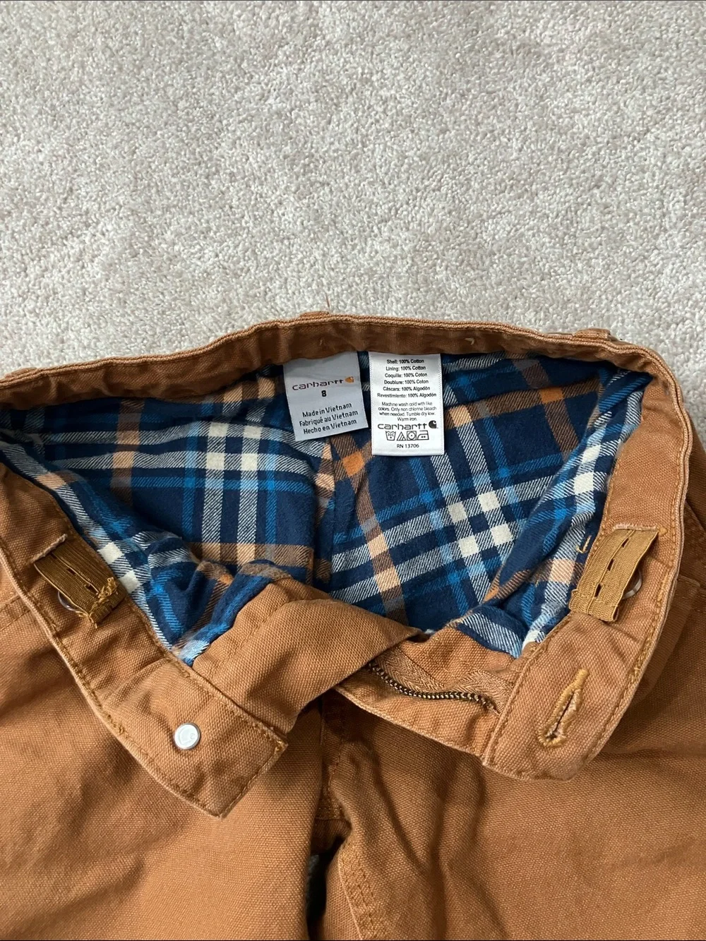 Carhartt Boys Brown Casual Cotton Pants with Plaid Cuff